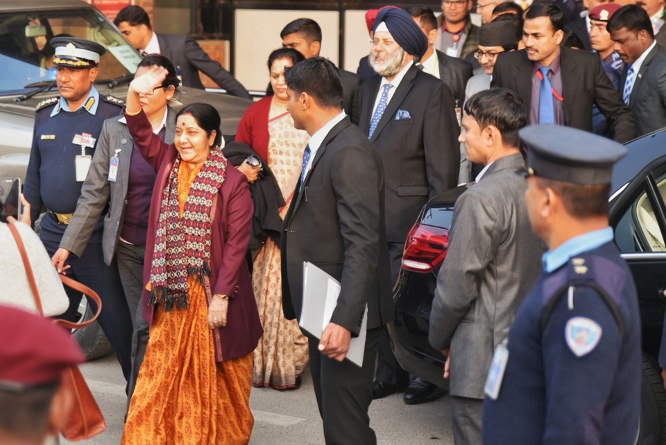Swaraj arrives in Kathmandu